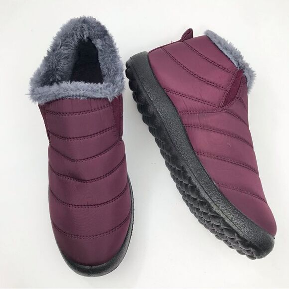 BJ Burgundy Quilted Faux Fur Lined Soft Sole Flat Ankle Slipper Shoes - Picture 7 of 14